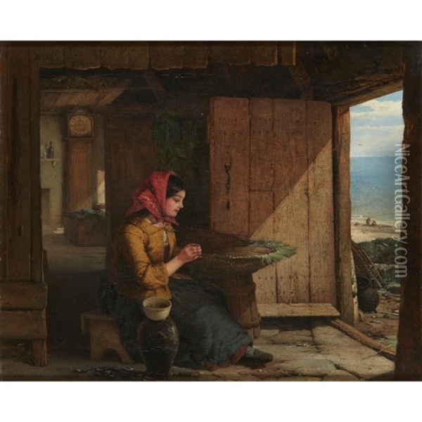 The Fisherman's Daughter Baiting Lines Oil Painting - James Cassie