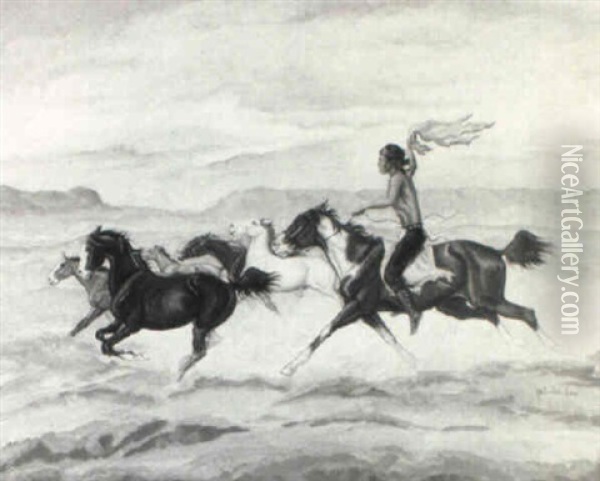 Rounding Up The Wild Horses Oil Painting - Charles Lees