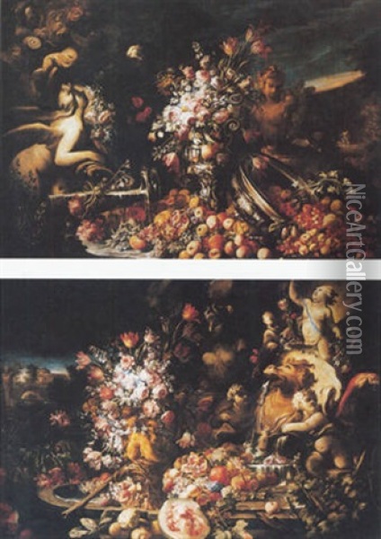Still Life Of Fruit And Flowers Set Amidst Fountains And Classical Sculpture Oil Painting - Nicola Casissa