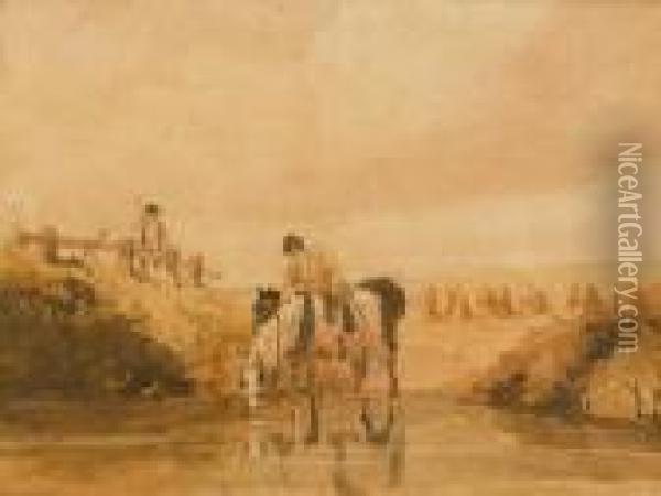 Figures And Horses Watering Oil Painting - Peter de Wint