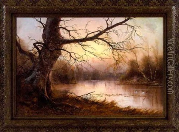 River Landscape At Dusk Oil Painting - Nils Hans Christiansen