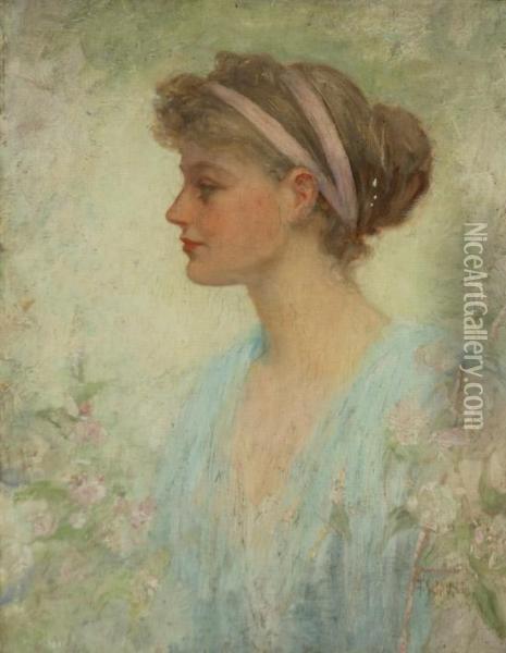 Portrait Of A Young Woman In A Blue Dress Oil Painting - Frederick Stuart Church