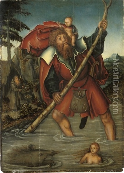 Saint Christopher With The Christ Child Crossing A Stream Oil Painting - Lucas Cranach the Elder