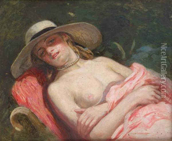 Jeune Femme Partiellement Denudee Au Soleil Oil Painting - Leon Houyoux