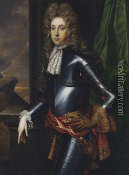 Portrait Of A Gentleman In Armour, With A Red Sash, By A Green Curtain On A Terrace Oil Painting - Sir John Baptist de Medina