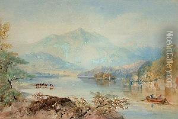 Fishermen And Cattle Watering In A Highland Loch Oil Painting - Cornelius Pearson