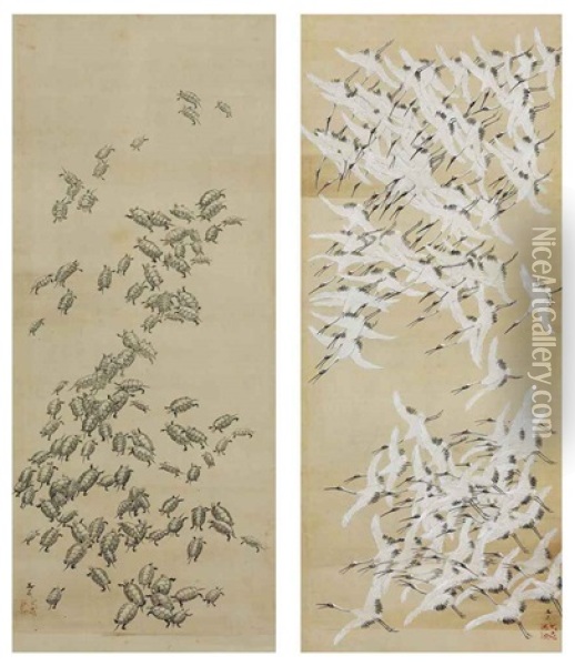 One Hundred Cranes (+ One Hundred Turtles; Pair) Oil Painting - Tani Buncho