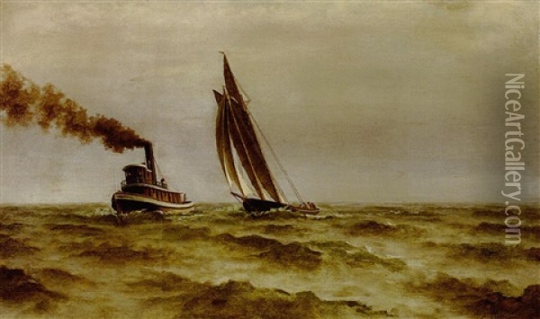 Tugboat And Sailboat On Lake Pontchartrain Oil Painting - August Norieri
