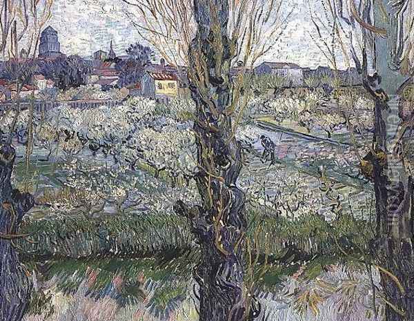 Orchard In Blossom With View Of Arles Oil Painting - Vincent Van Gogh