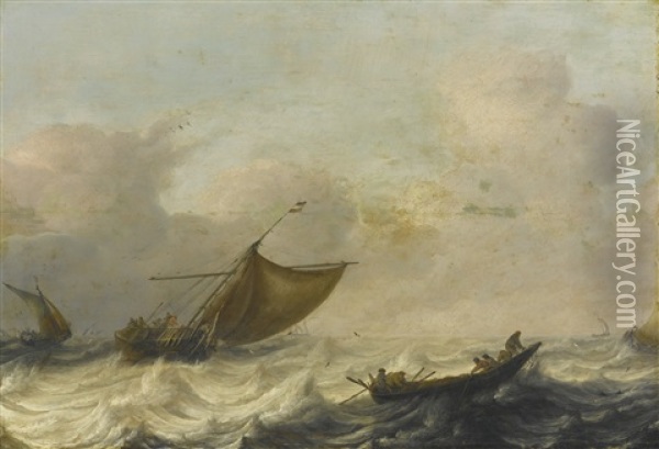 Fishing And Rowing Boats Among Choppy Waters Oil Painting - Pieter Mulier the Elder