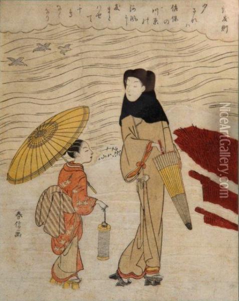 Mother And Child Each Holding A Parasol Oil Painting - Suzuki Harunobu