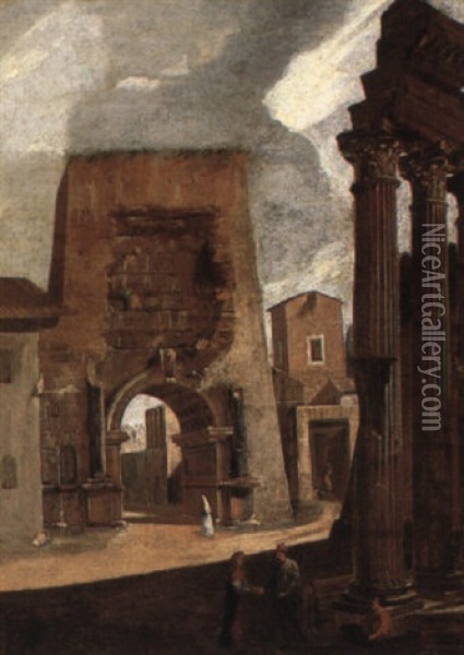 A Southern Street Scene With Figures By Classical Ruins Oil Painting - Viviano Codazzi