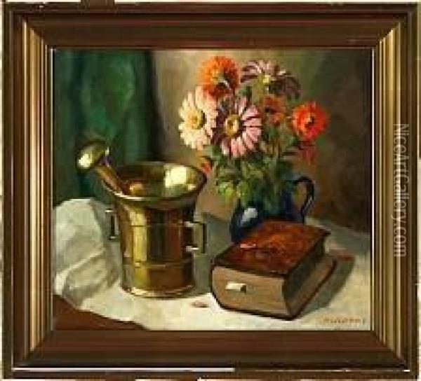 A Still Life With A Book And Flowers Oil Painting - Armand Both