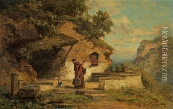 Monch In Bergiger Landschaft Mit Brunnen Und Andachtsbild Oil Painting - Willy Moralt