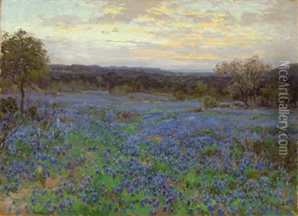 Field Of Bluebonnets At Sunset Oil Painting - Julian Onderdonk