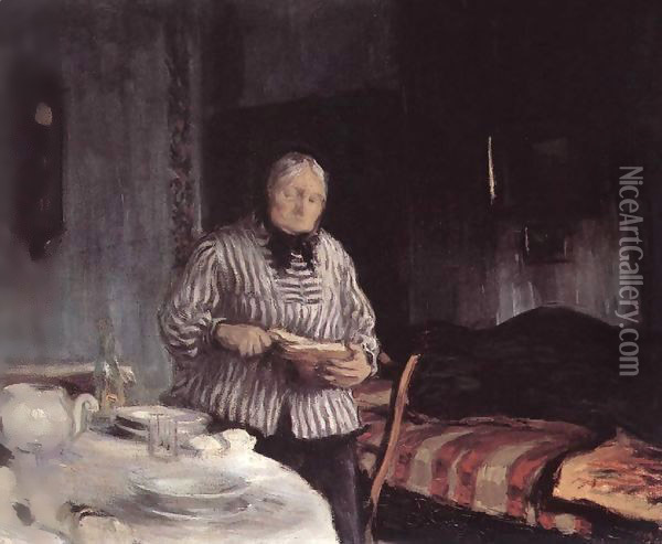 Slicing the Bread 1918 Oil Painting - Istvan Boldizsar