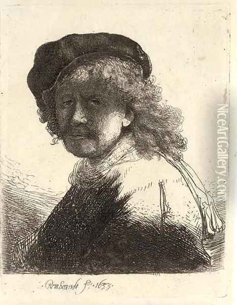 Rembrandt in Cap and Scarf with the Face dark, Bust Oil Painting - Rembrandt Van Rijn