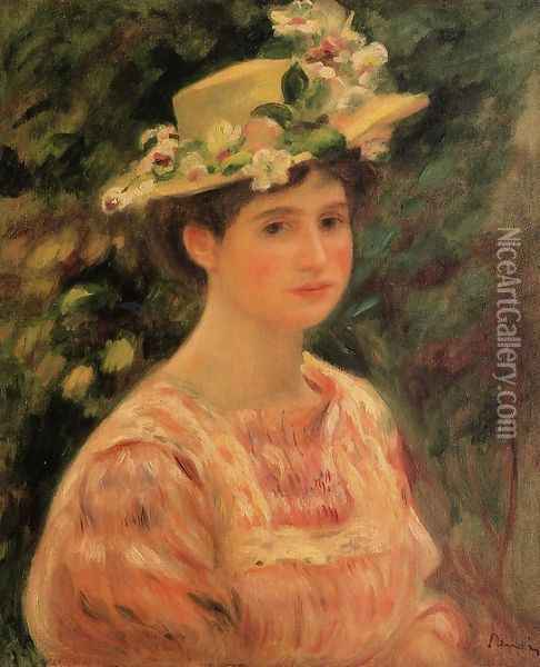 Young Woman Wearing A Hat With Wild Roses Oil Painting - Pierre Auguste Renoir