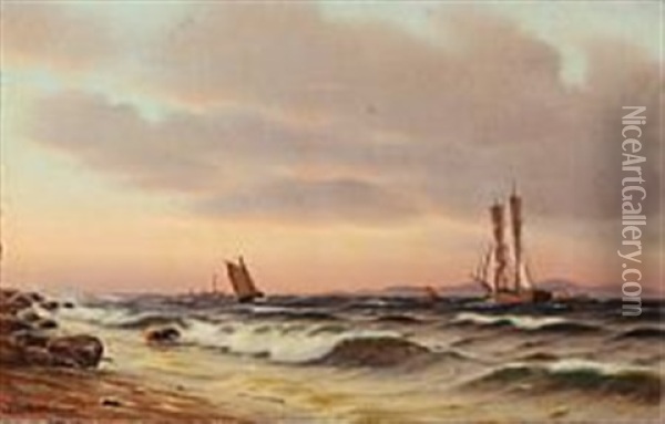Sunset At A Danish Coast Oil Painting - Johan Jens Neumann
