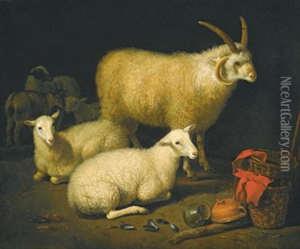 A Barn Interior With A Four-horned Ram And Four Ewes, And A Goat, With A Still Life Of A Basket And Upturned Pots To The Right Oil Painting - Aelbert Cuyp