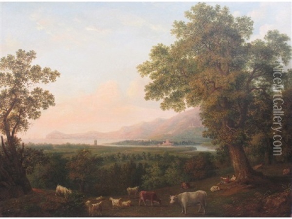 A Wooded Coastal Landscape With Cattle And Drovers By A Tree Oil Painting - Margaret Nasmyth
