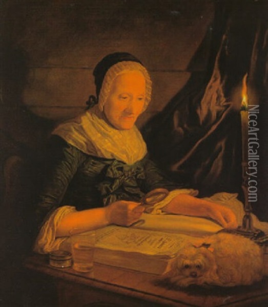 Eine Frau Beim Lesen In Einer Luther-bibel Mit Einem Hundchen Oil Painting - Georges David Mathieu