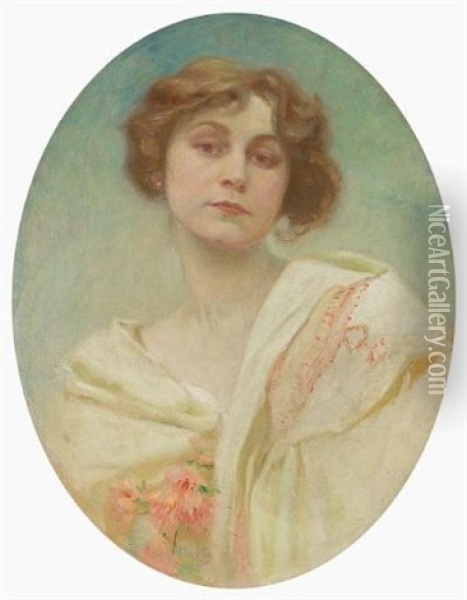 Portrait Of A Young Woman In Folk Costume Oil Painting - Alphonse Mucha