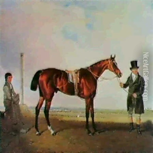 Mameluke, A Bay Racehorse, Held By His Trainer, Edwards,    With A Groom Holding A Blanket, On Epsom Downs Oil Painting - Benjamin Marshall