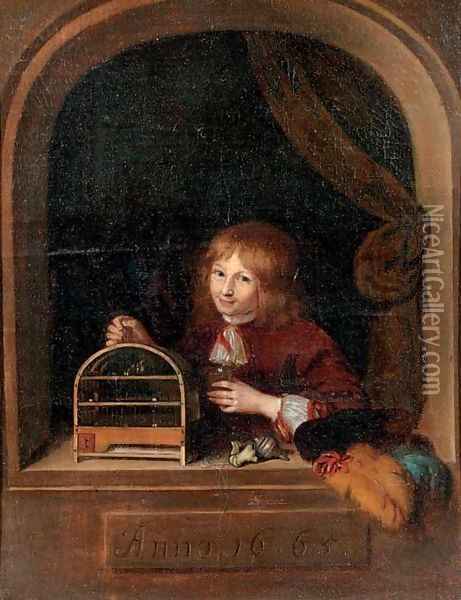 A boy in a feigned niche holding a cage with a song bird Oil Painting - Willem van Mieris