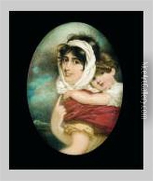 An Important Portrait Of Anne Thackeray (?) And Her Son Willima Makepeace Thackeray, She Wears Pale Yellow Dress With Rope Belt, Red Shawl And White Bandeau In Her Dark Brown Hair Oil Painting - George Chinnery