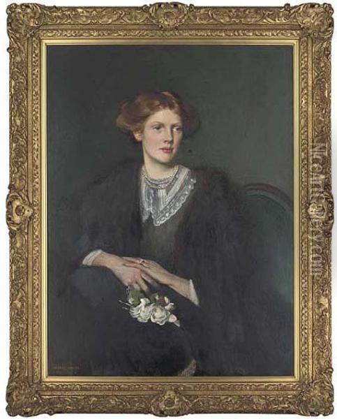 Portrait Of Audrey Innes, Nee 
Broadwood, Wife Of John Alfred Innes,seated Three-quarter-length, In A 
Lace Trimmed Dress And Furwrap Oil Painting - George Henry
