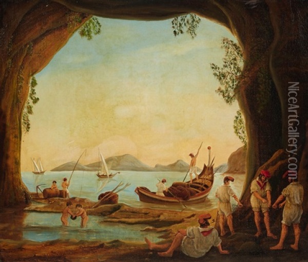 Fishers Off The Italian Coast Oil Painting - Johann Wilhelm Bruecke