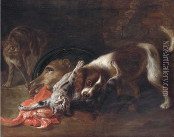 A Spaniel And A Cat Fighting With Another Cat Looking On Oil Painting - Nicasius Bernaerts