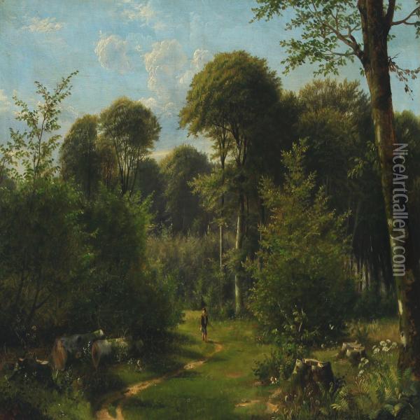 Forest Scenery With Boy On Adventure Oil Painting - Olaf August Hermansen