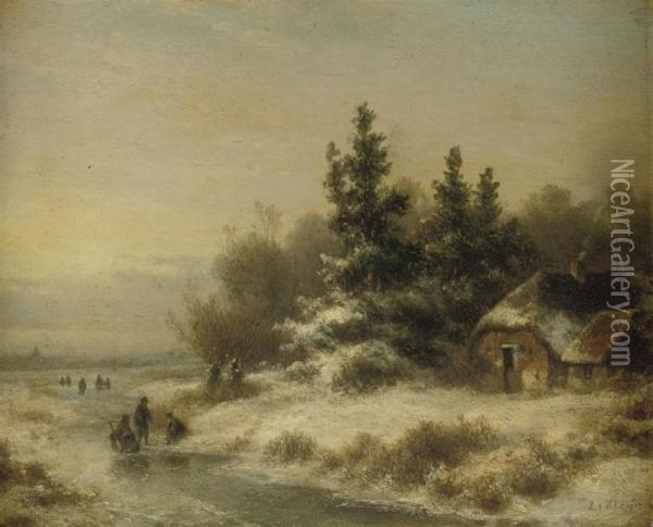 Figures On A Frozen Waterway Near A Farmhouse Oil Painting - Lodewijk Johannes Kleijn
