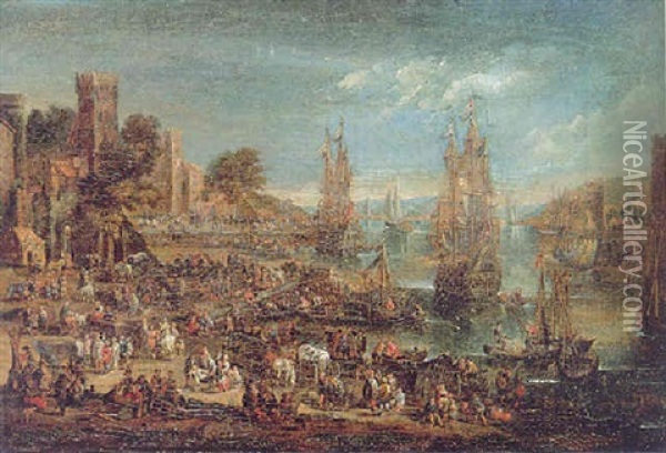 A Capriccio Of A Mediterranean Harbour Scene With Numerous Figures On The Quayside, Merchant And Other Vessels In An Estuary Oil Painting - Pieter Casteels III