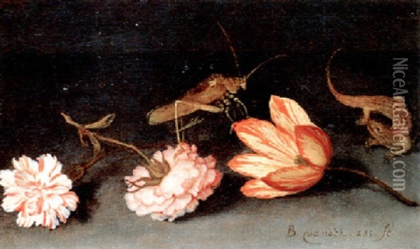 Stilleben Mit Blumen, Einer Eidechse Und Einer Heuschrecke Oil Painting - Balthasar Van Der Ast