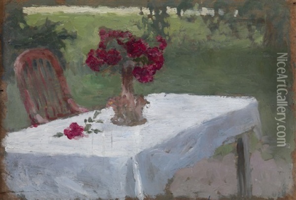 Flowers On The Garden Table (recot) Forest Path (verso) Oil Painting - Tit Yakovlevich (Yakovich) Dvornikov