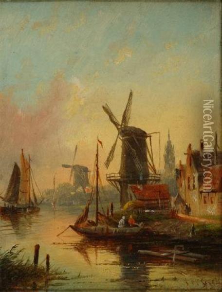 Dutch A Dutch River Scene With Boats And Windmills Oil Painting - Jan Jacob Coenraad Spohler
