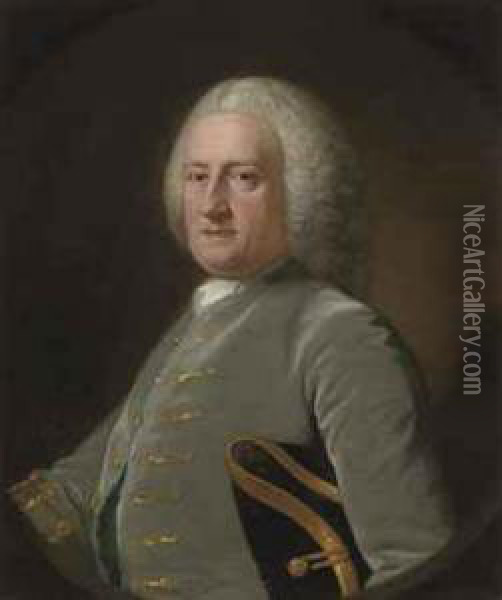 Portrait Of A Gentleman, Half-length, In A Grey Coat And A Tricornhat Under His Left Arm Oil Painting - Arthur Pond