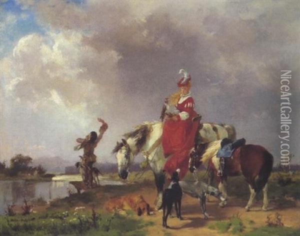Falknerin Zu Pferd Mit Pagen Oil Painting - Helene Buettner