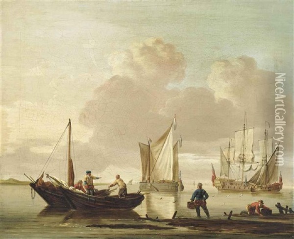 Shipping In Calm Waters With Fishermen Unloading Their Catch Oil Painting - Jan van Os