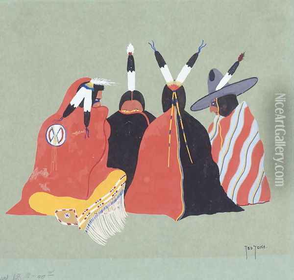 Kiowa Making Medicine, 1929 Oil Painting - Monroe Tsatoke