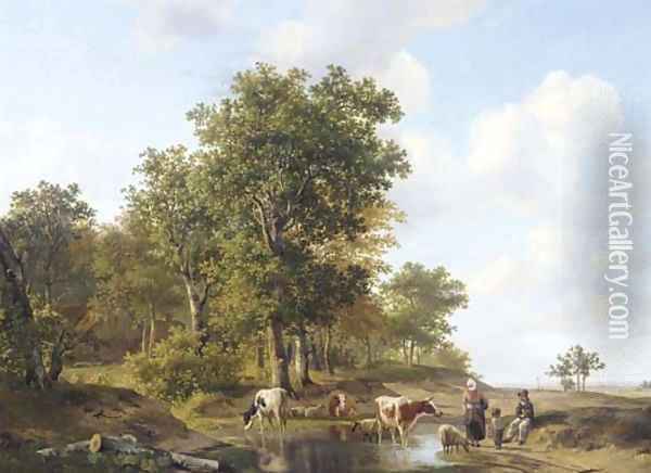 Peasants conversing at the edge of a forest on a sunny day Oil Painting - Hendrikus van den Sande Bakhuyzen