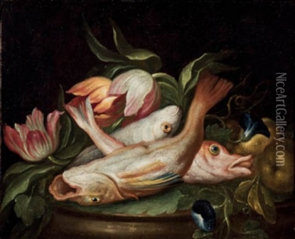 Bodegon Con Flores, Frutas Y Plato De Pescado Oil Painting - Paolo Porpora