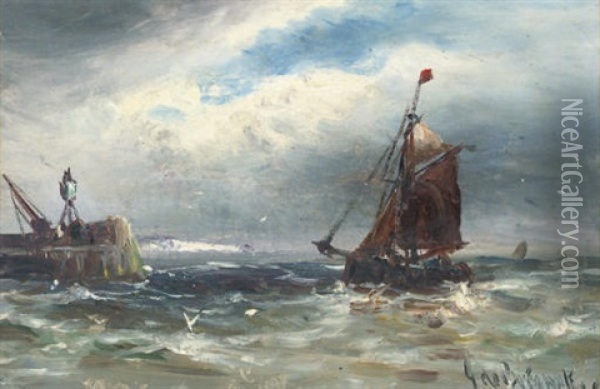 A Fisherman Coming Into Port (+ Becalmed In The Channel; Pair) Oil Painting - Gustave de Breanski