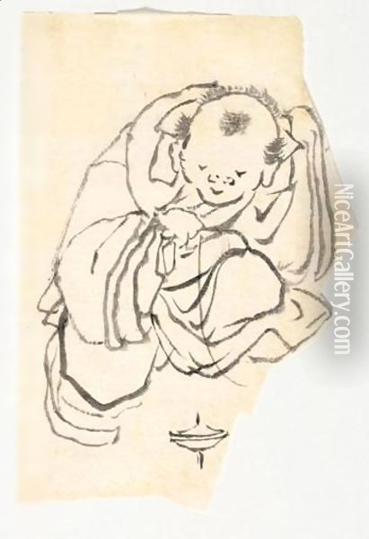 Deux Dessins 1 enfant Jouant Avec Une Toupie 2 guerrier En Armure Oil Painting - Katsushika Hokusai