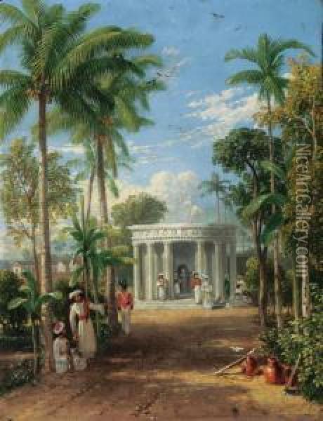 An Indian Garden Scene With European And Indian Figures By Aclassical Mausoleum Oil Painting - William Havell