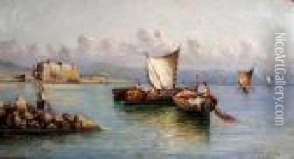 Marina Con Barche E Pescatori Oil Painting - Giuseppe Carelli