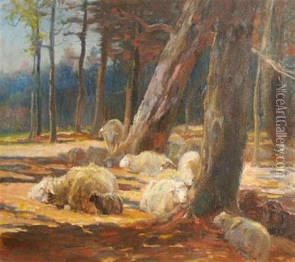 Sheep At Rest At The Edge Of A Wood Oil Painting - John Austin Sands Monks